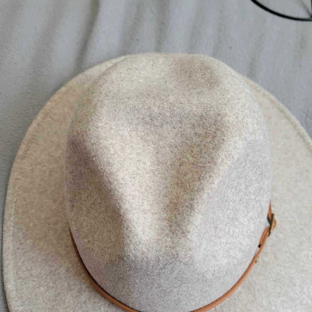 Beige Wool Blend Fedora Hat Thin Strap Classic Style Project Hat Asymetric - Picture 12 of 13
